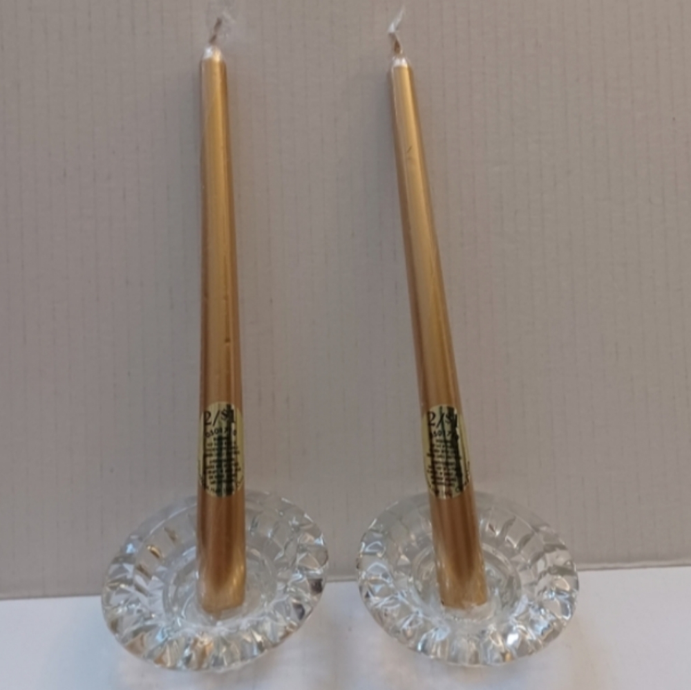 4/$30 Set of 2 Glass Candle Holders & 2 New Gold Coloured Candles